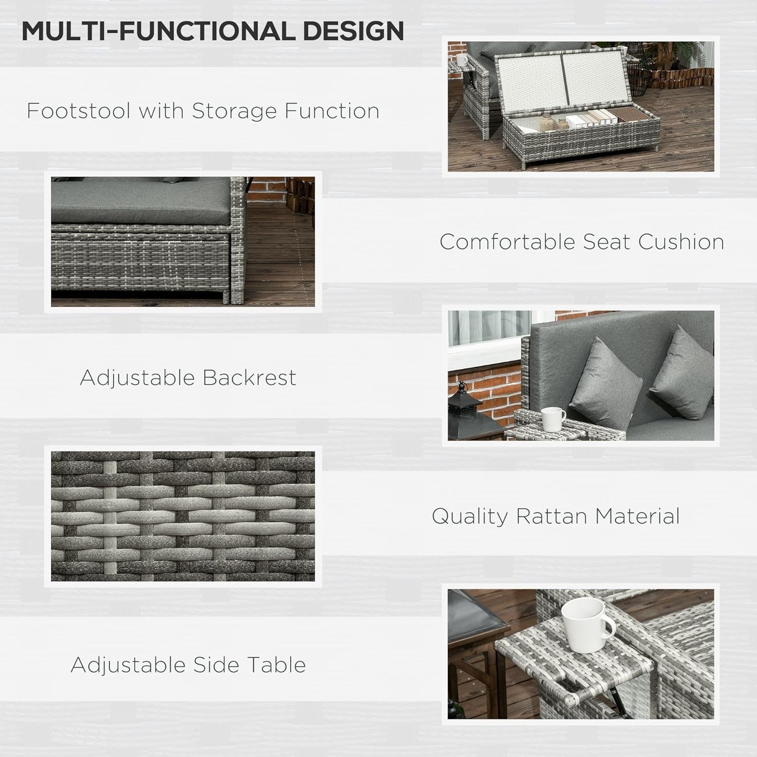 3-in-1 Mixed Grey Rattan Outdoor Daybed with Adjustable Back & Ottoman