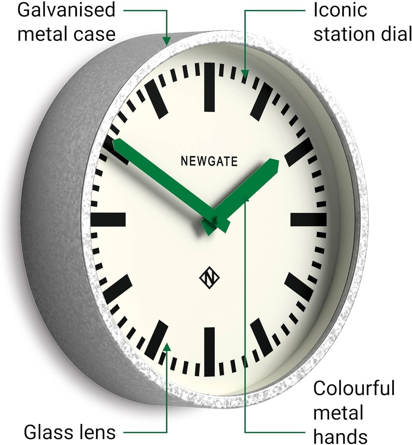 Retro 30cm Silent Wall Clock Green Hands Galvanised Metal Industrial Style