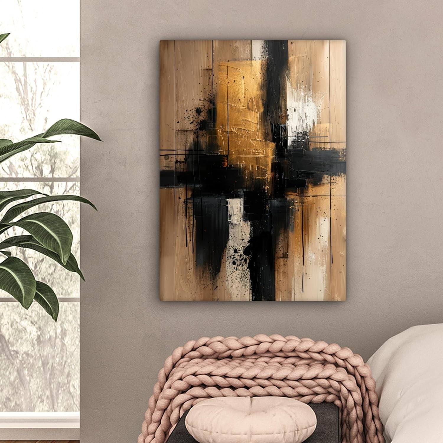 Gold Black Abstract Canvas Wall Art 50x70cm Framed Modern