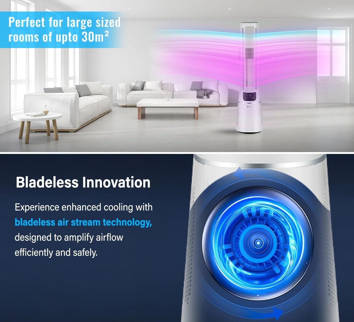 2-in-1 Bladeless Tower Fan Air Purifier HEPA Filter 10-Speed Remote White Quiet