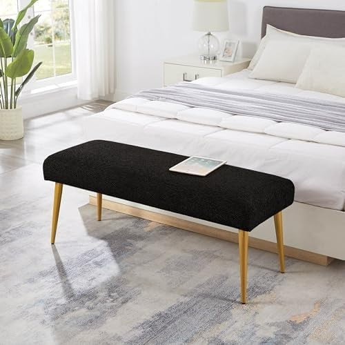 Luxury Black Upholstered Entryway Bench with Gold Metal Legs – 112cm Padded