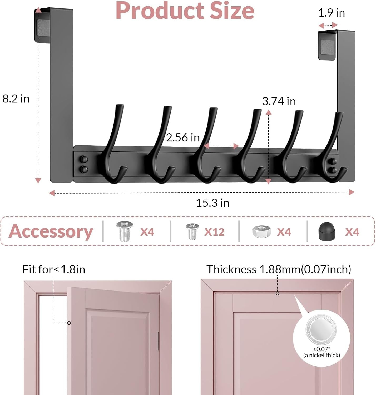2 Pack Over Door Hook Rack 6 Hooks Heavy Duty Towel Coat Hanger Black