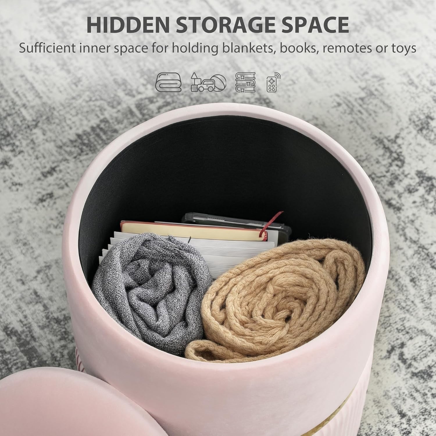 Pink Velvet Storage Stool Round Ottoman Padded Seat Vanity Footstool