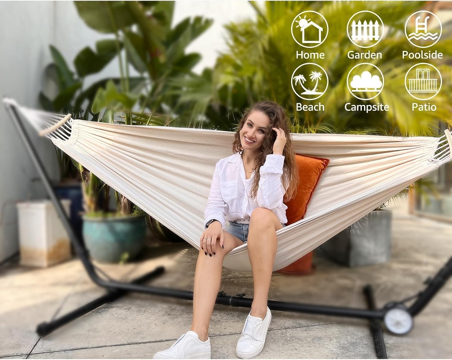 Outdoor Cotton Hammock with Spreader Bars & Tree Straps – Portable - White