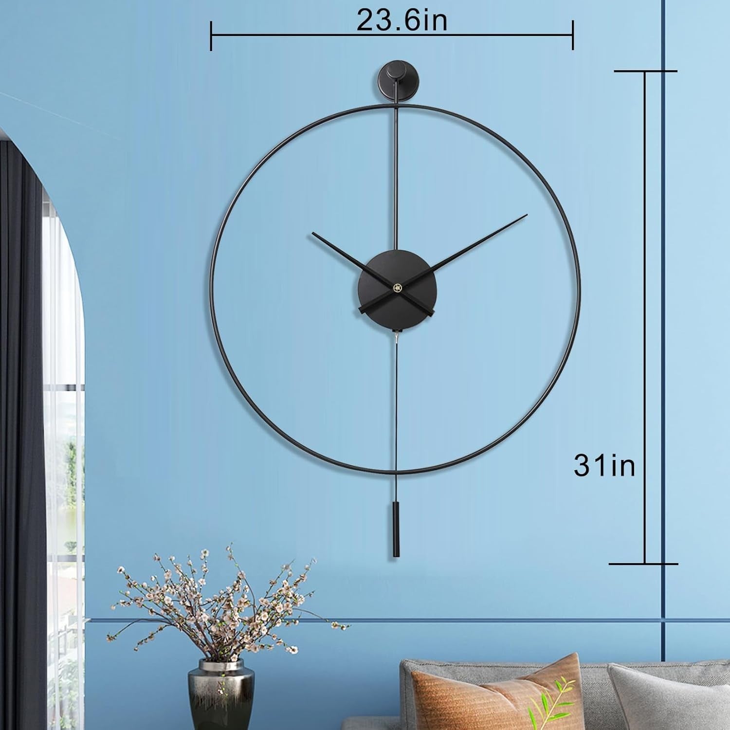 Silent Large Wall Clock with Pendulum - Modern Non-Ticking Metal Decor 24"