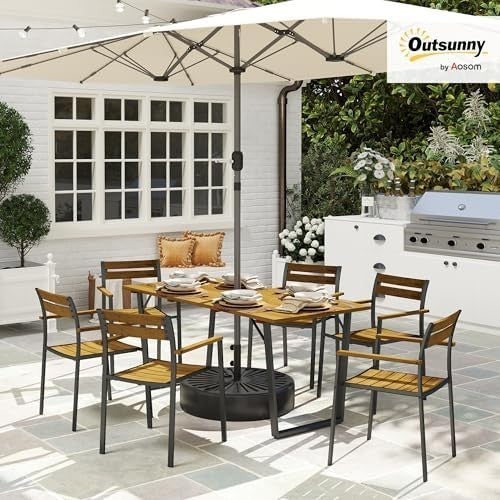 7 Piece Garden Dining Set Wooden Patio Table & 6 Chairs Parasol Hole