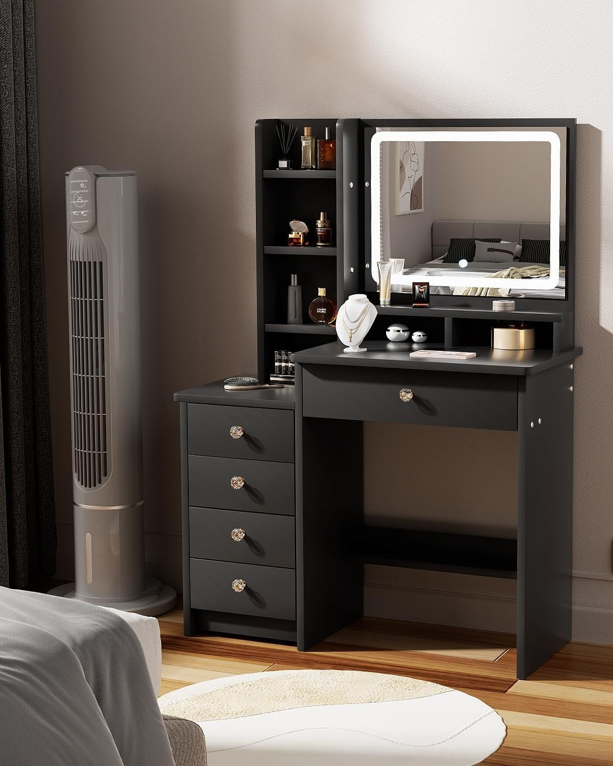 Black Vanity Desk with LED Mirror Lights 5 Drawers Makeup Table Compact 90cm