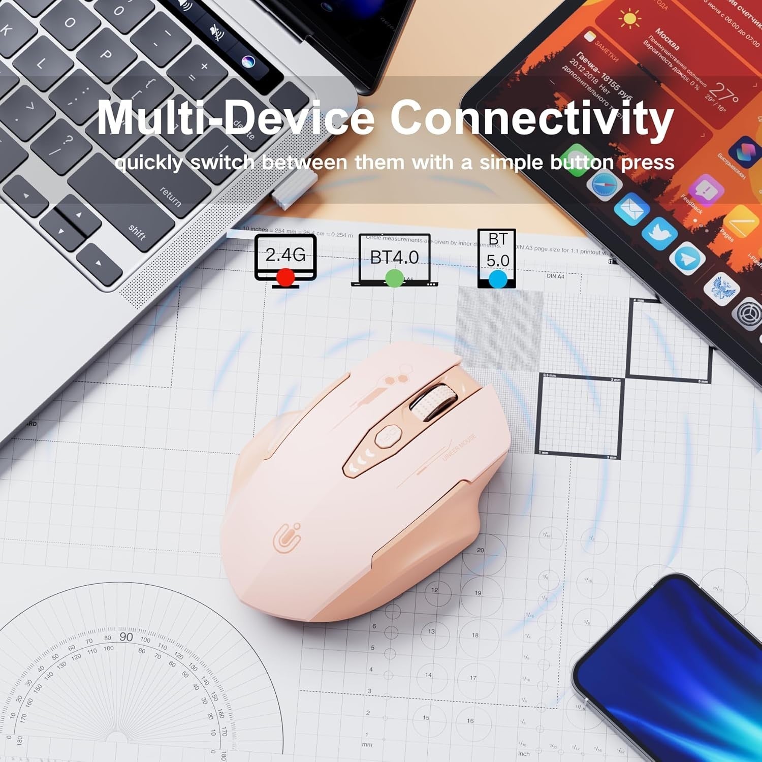 Rechargeable Bluetooth Mouse Tri Mode Wireless Adjustable DPI Ergonomic Laptop