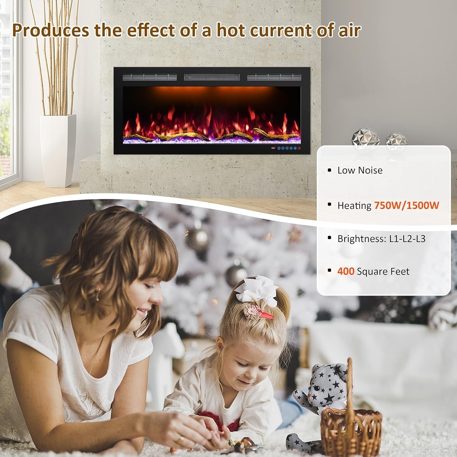 183cm Electric Wall-Mount Fireplace with Thermostat, 6 Flame Colors, WiFi