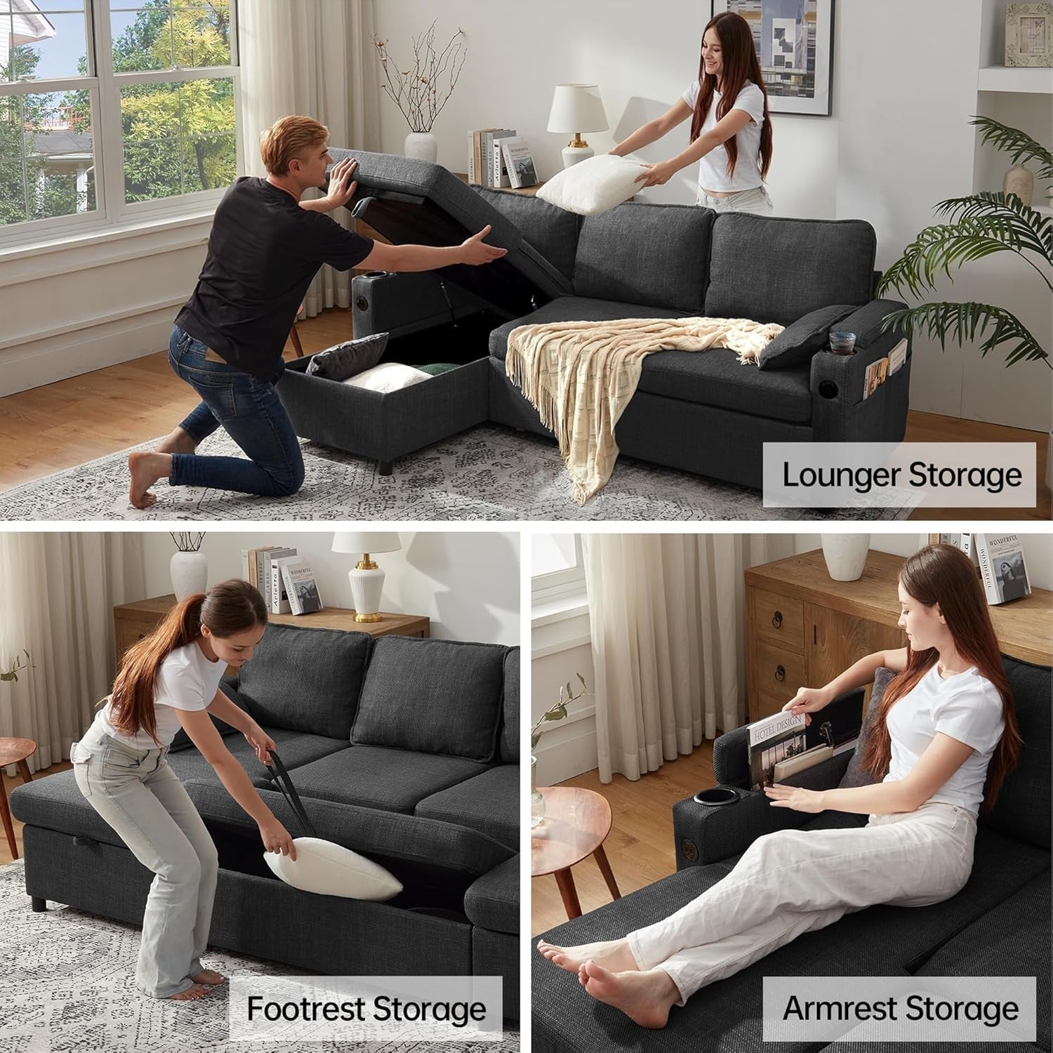 L Shape Sofa Bed Storage Chaise USB Cup Holder Pull Out Couch Grey