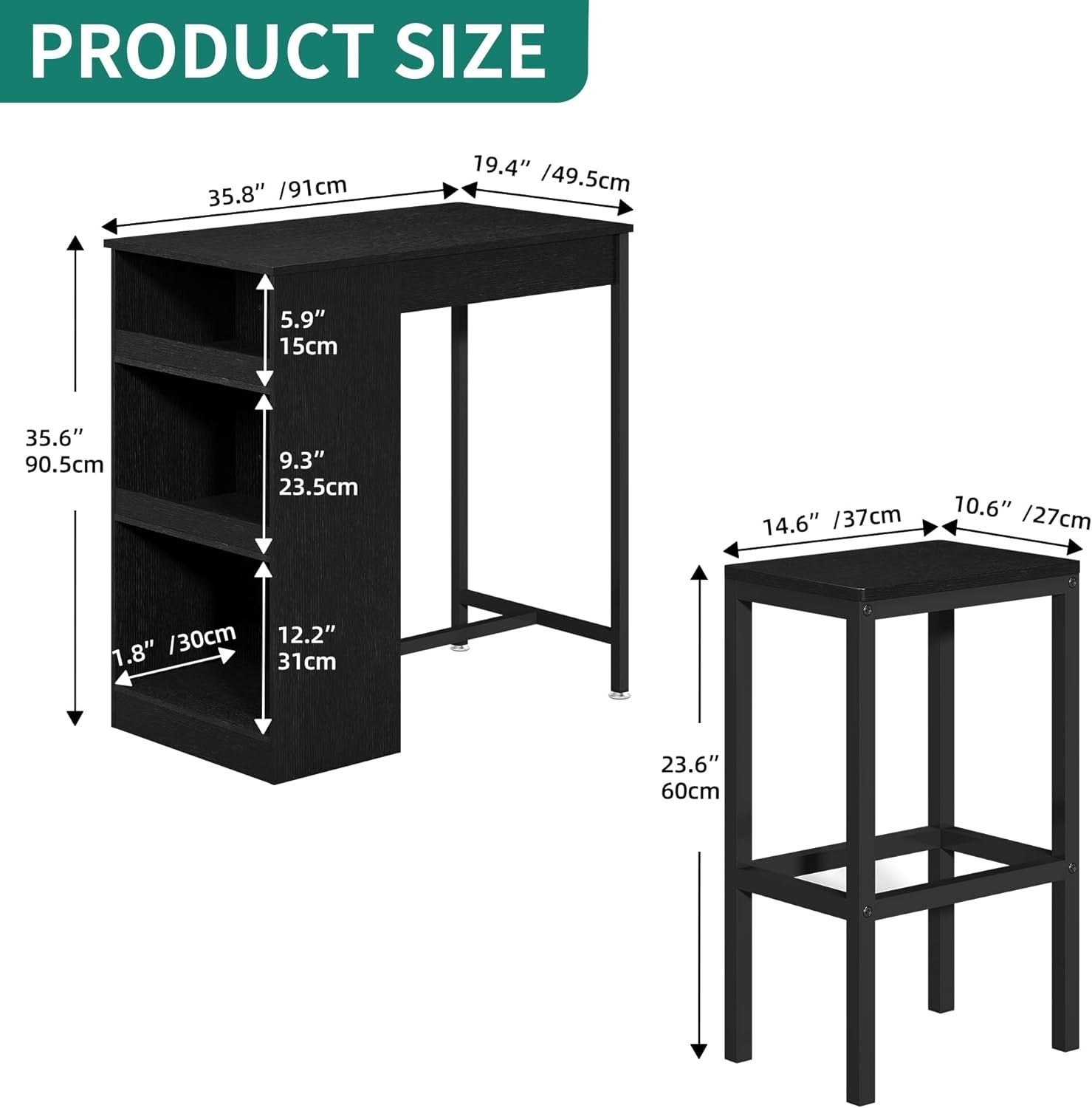 Breakfast Bar Table with Storage & Bar Stools Set, Industrial Black Compact