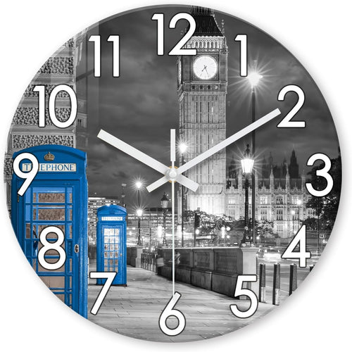 14" London Wall Clock Grey Silent Round Glass Modern Home Decor