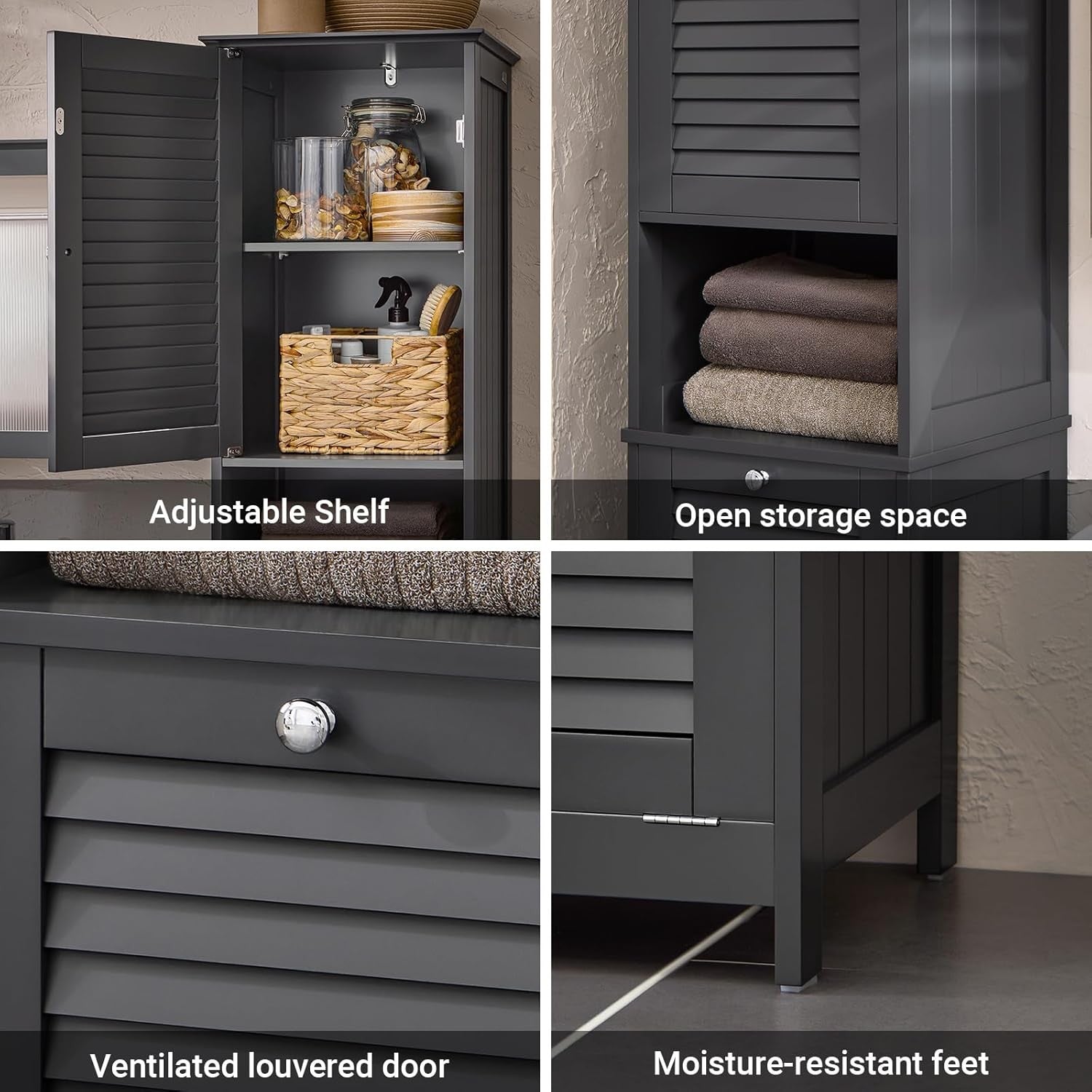 Tall Bathroom Storage Cabinet with Laundry Basket Slim Freestanding Unit Grey