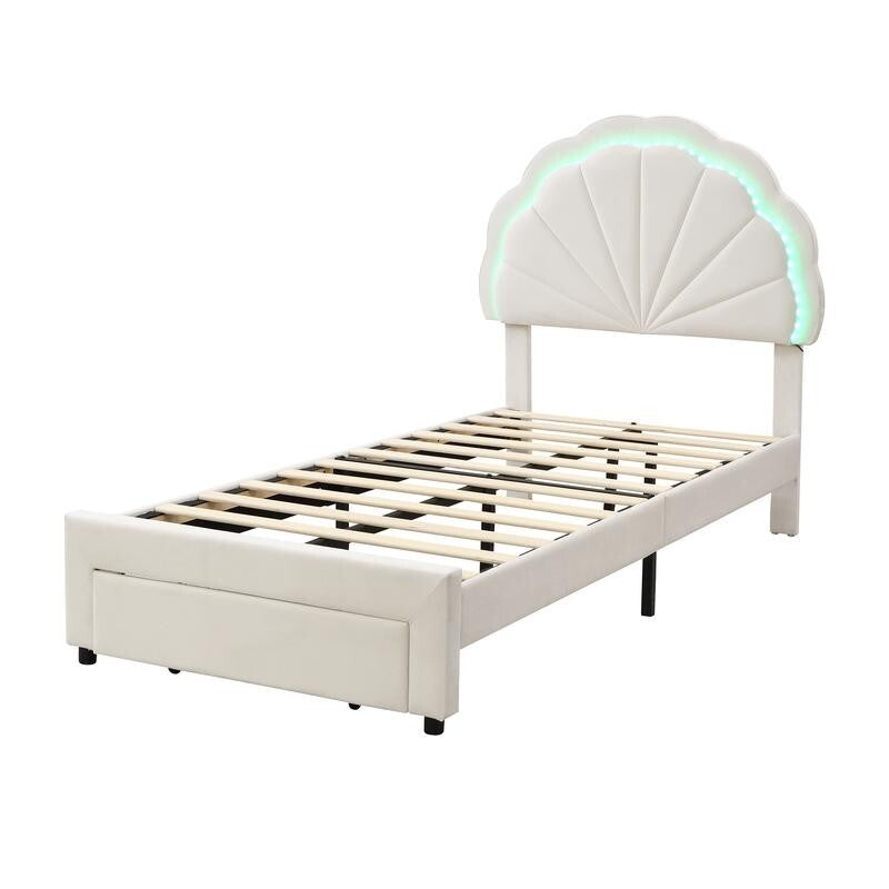 3FT Shell Single Bed with LED Lights & Drawer – Velvet Kids Teen Bed Beige