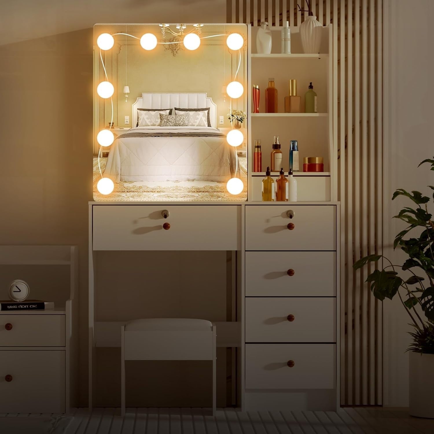 White Modern Vanity Table Set LED Mirror 5 Drawers Dressing Desk Wood