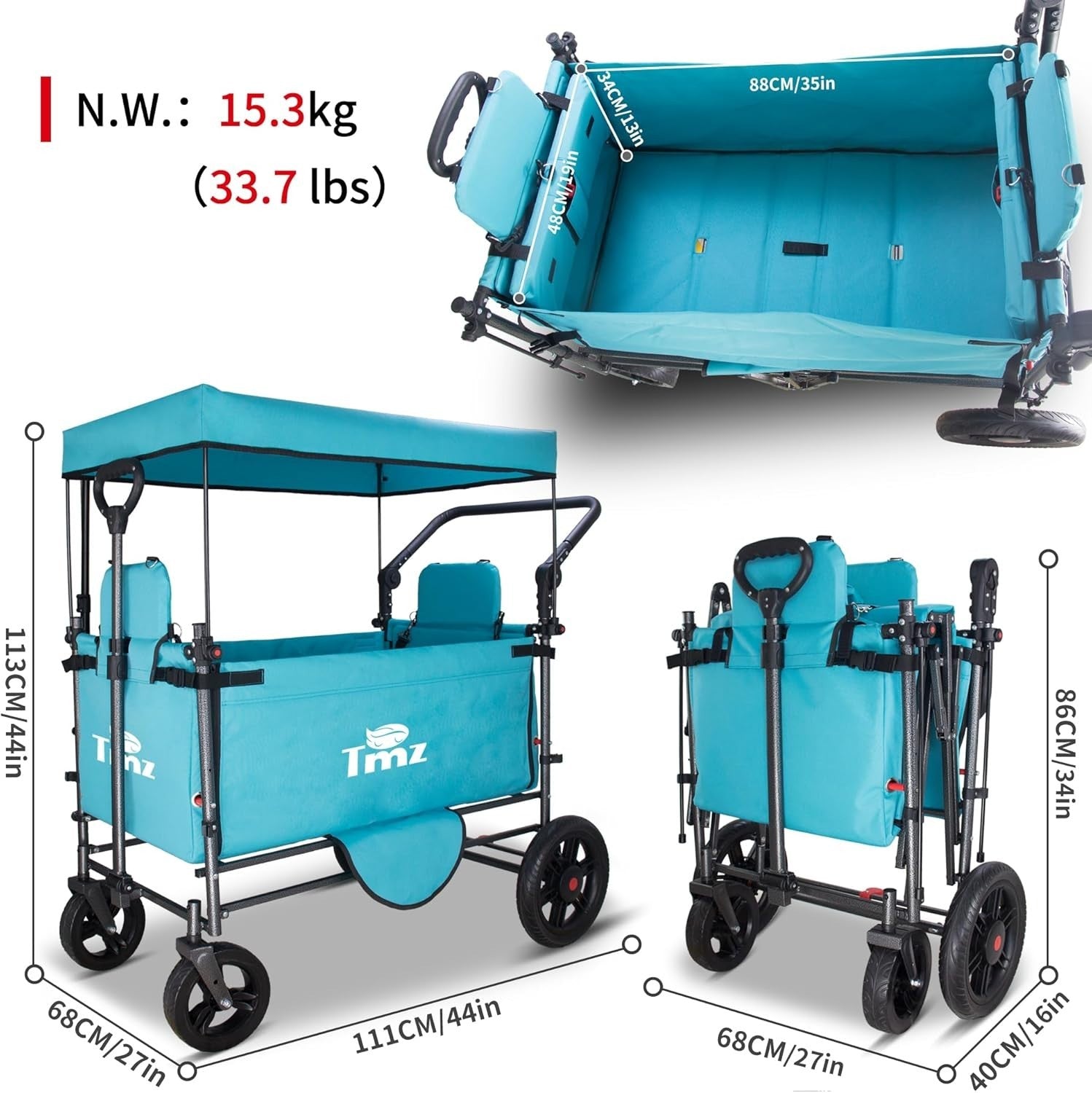 Side-Opening Folding Wagon 120kg Load w/ 2 Seats Canopy Big Wheels Brake
