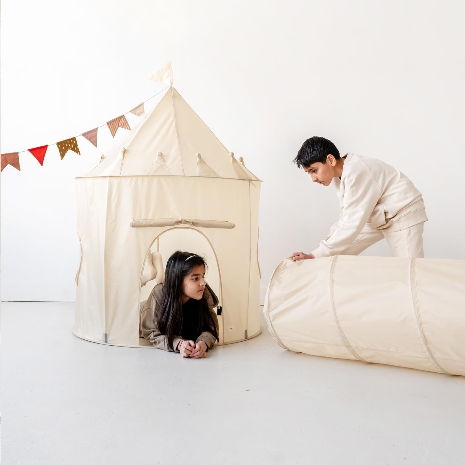 Neutral Beige Kids Indoor Play Tent Pop Up Fort House Large