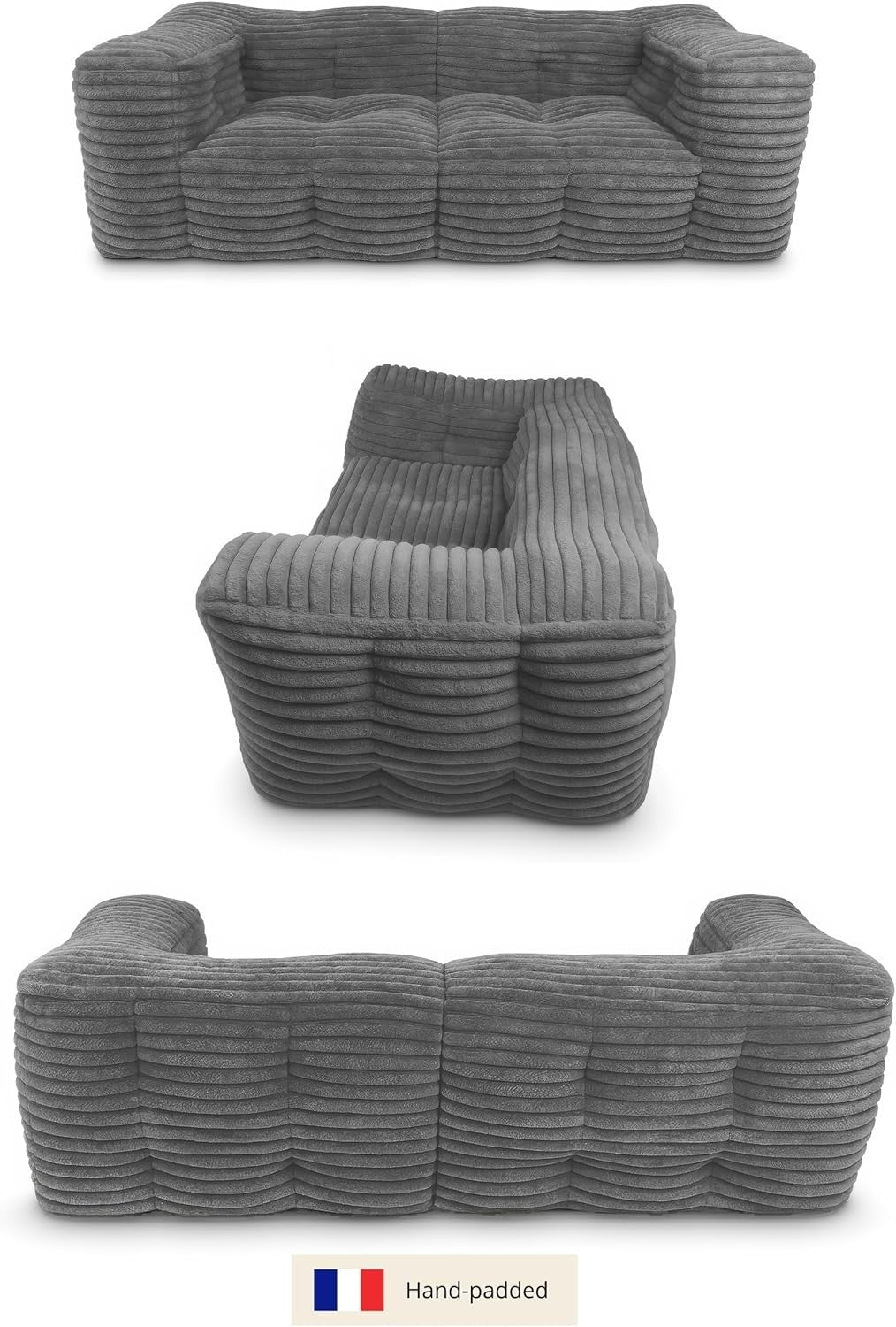 Modular 3 Seater Sofa Ribbed Faux Fur Detachable Bean Bags Soft & Plush