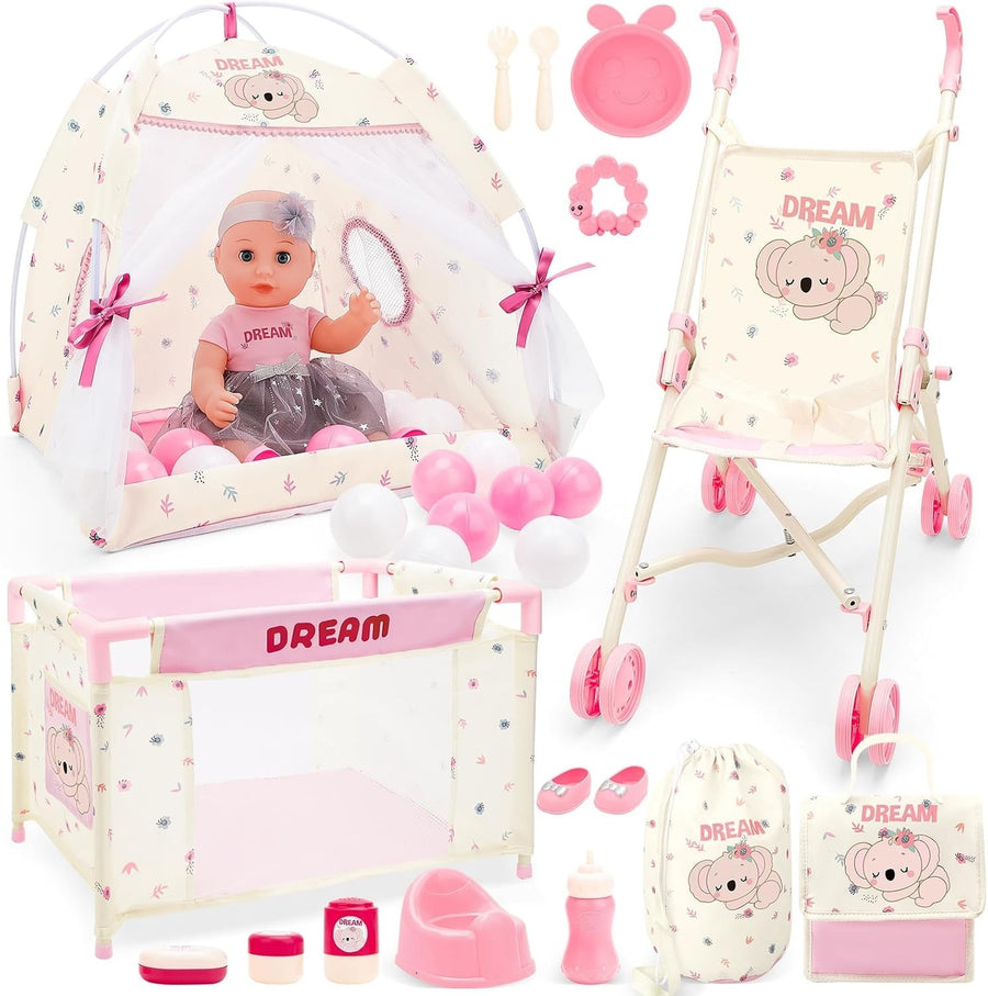 Baby Doll Stroller Playset with 14in Doll Cot Tent Accessories 25pcs