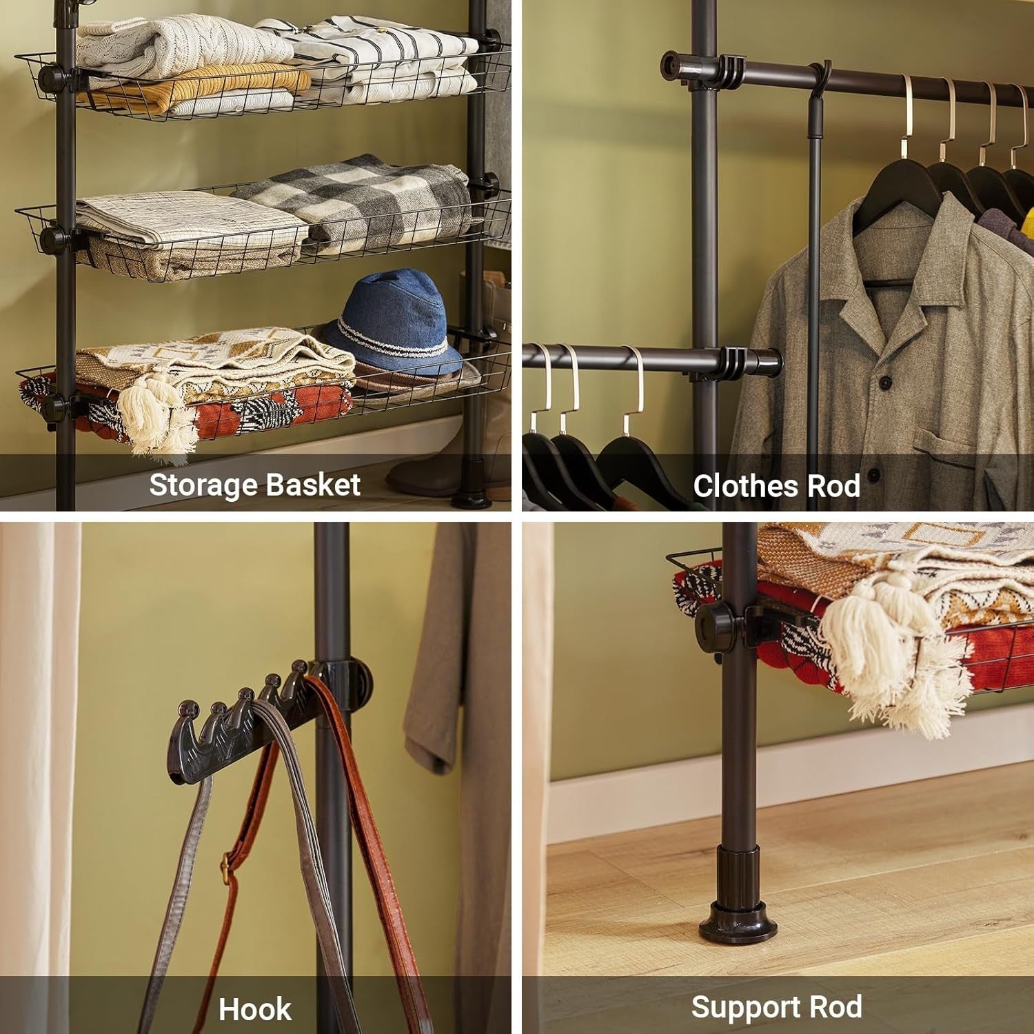 FRG34 Telescopic Clothes Rail Black Heavy Duty Open Wardrobe