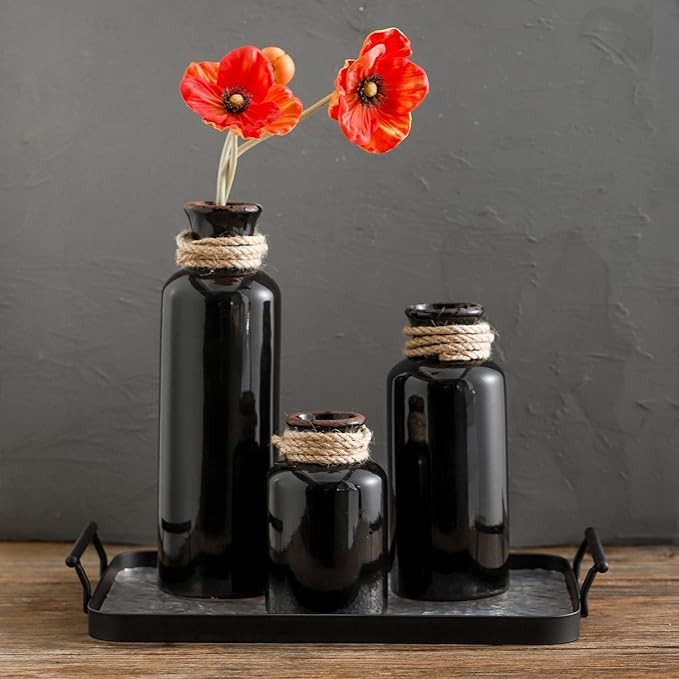 Rustic Ceramic Vase Set of 3 Farmhouse Terracotta Home Table Shelf Décor