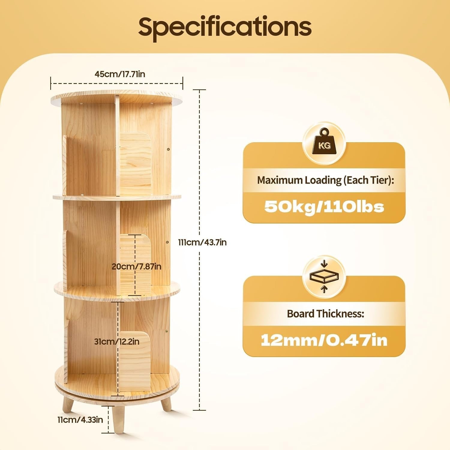 3 Tier Rotating Bamboo Bookshelf Tower | 360° Display Organizer 111cm