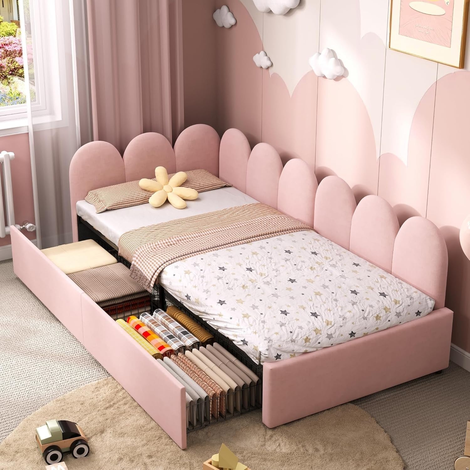Pink Velvet Single Daybed Sofa Bed w/ Storage Drawers Kids Teen Room