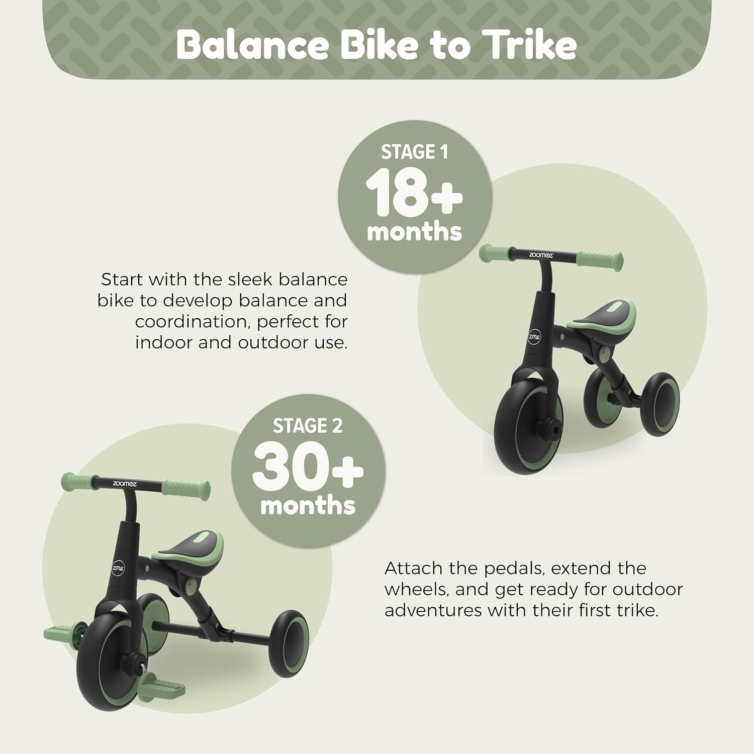 2 in 1 Toddler Balance Bike Trike Ride On Adjustable Seat 18+ Months