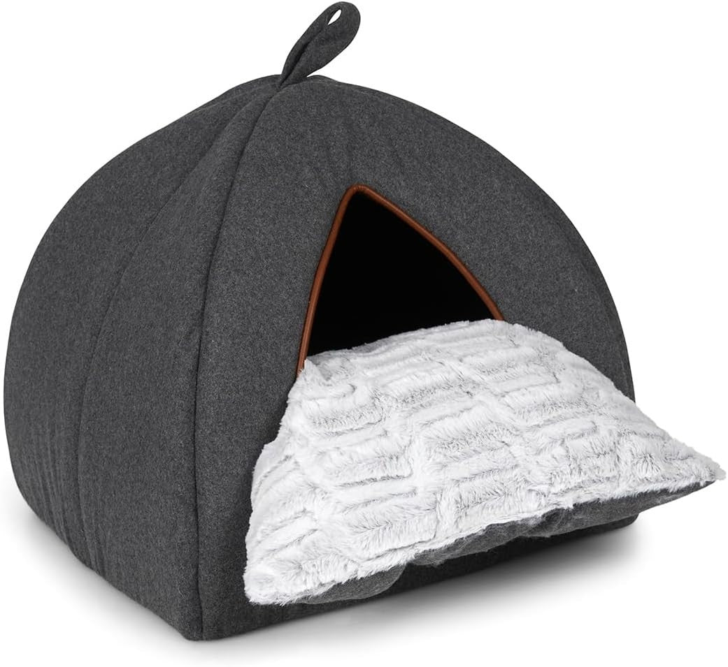 Graphite Grey Felt Cat Igloo Bed Soft Fleece Cushion Cozy Pet Hideaway