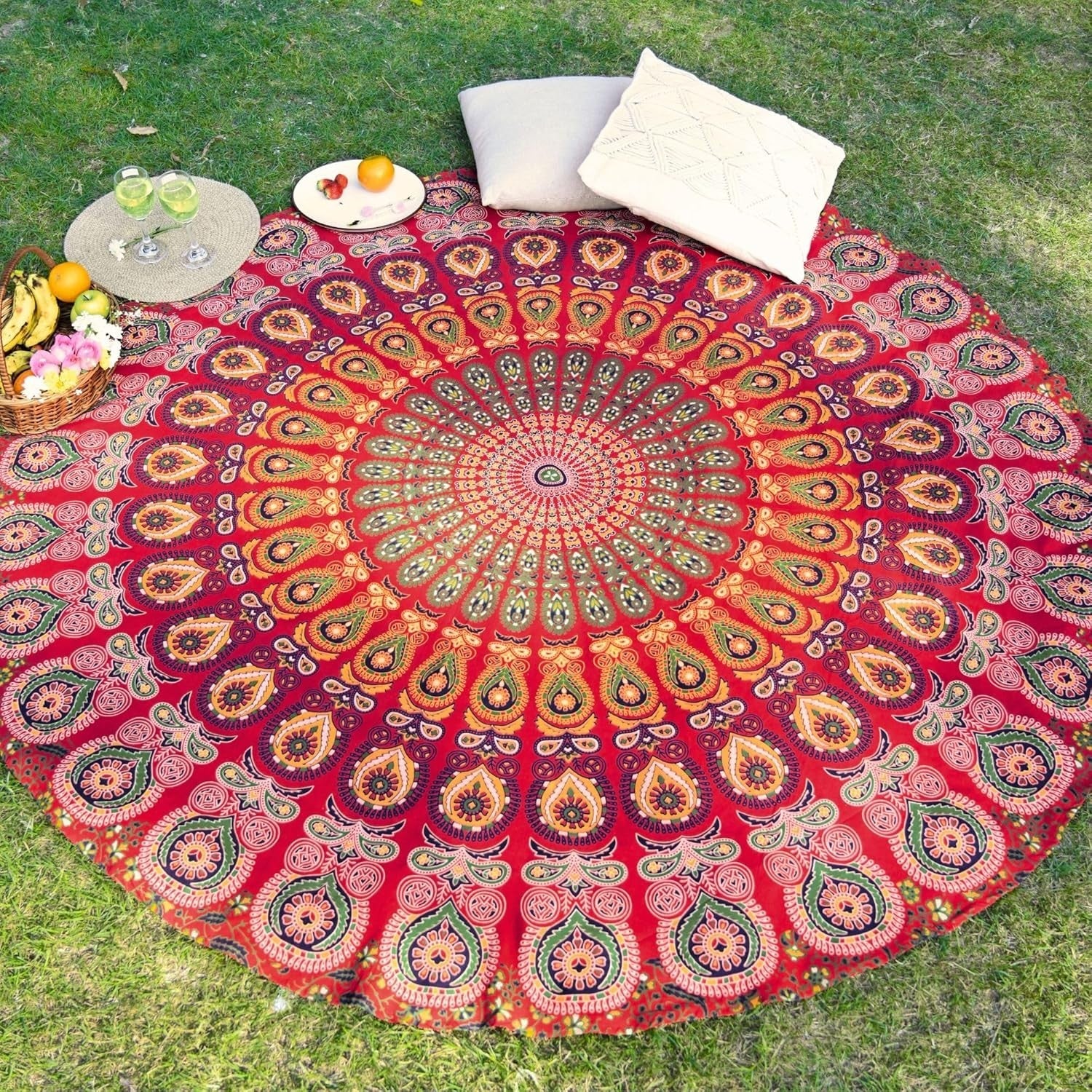 Round Peacock Mandala Tapestry 72in Boho Wall Hanging Cotton