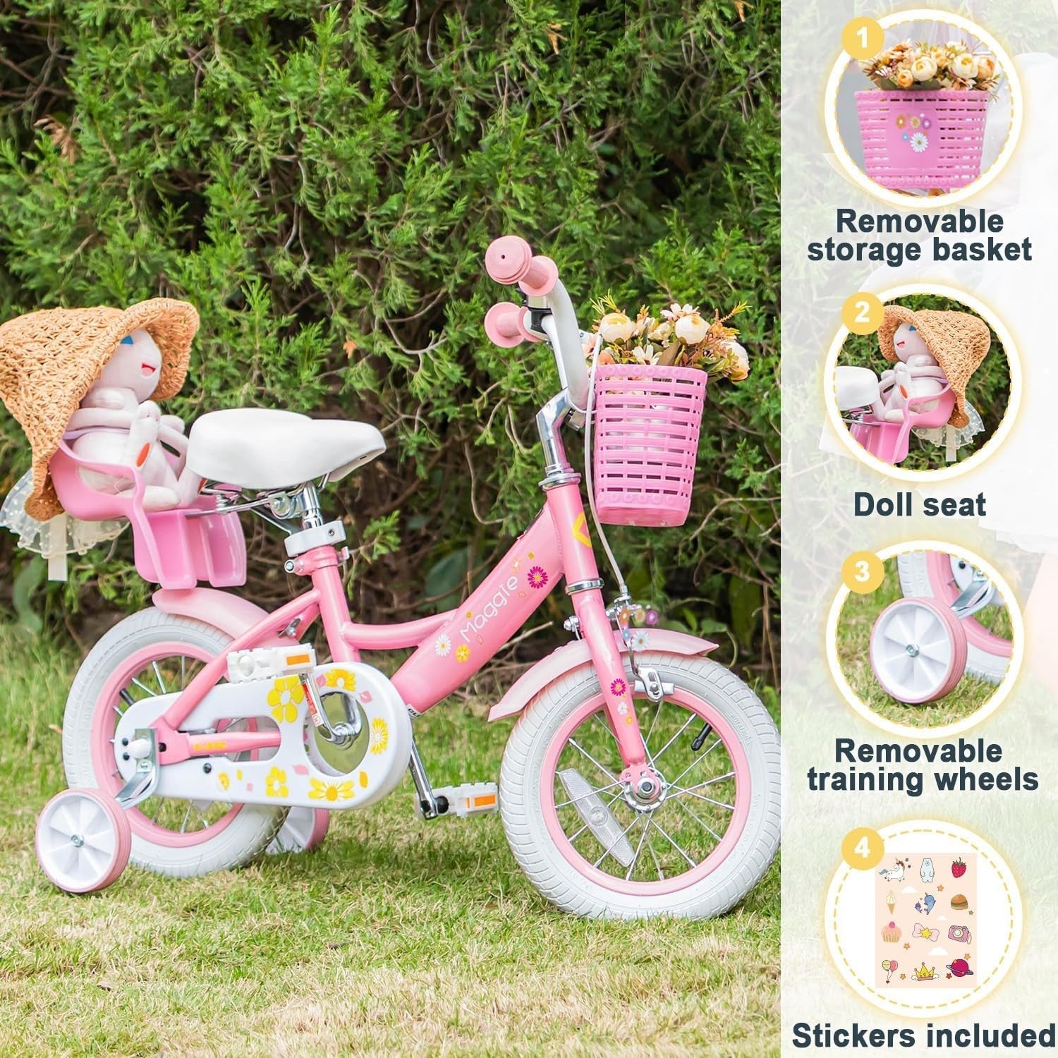 12 Inch Girls Bike Kids Bicycle Basket Doll Seat Stabilisers Pink White