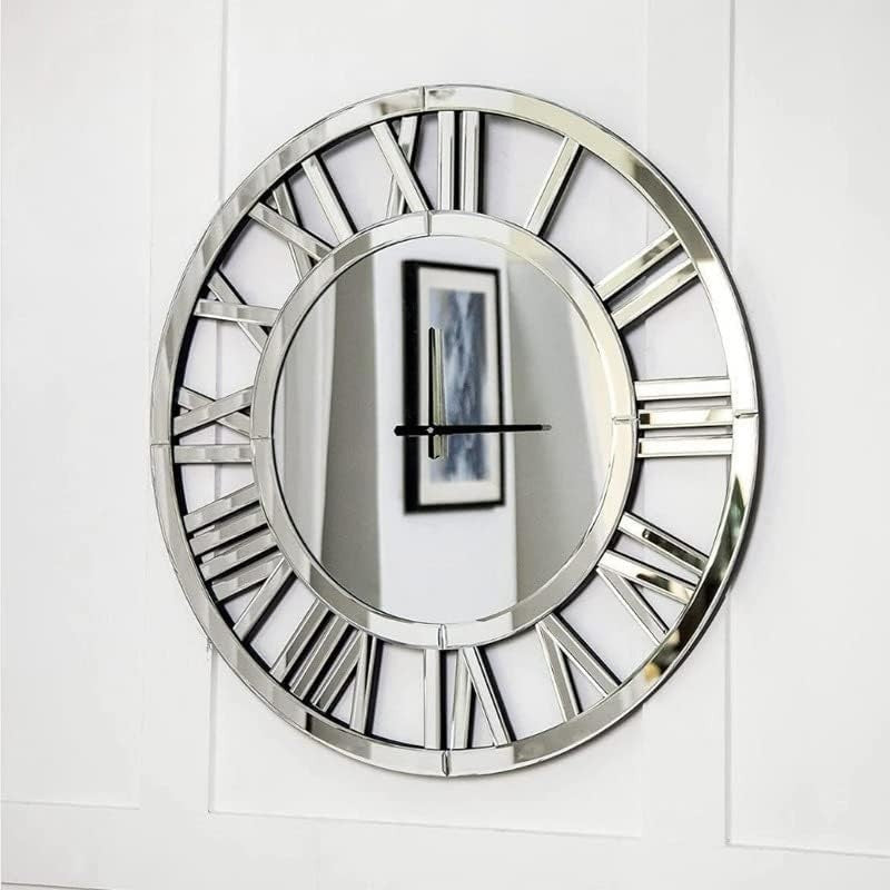 Large 80cm Silver Mirrored Wall Clock - Silent Roman Numerals, Modern Style