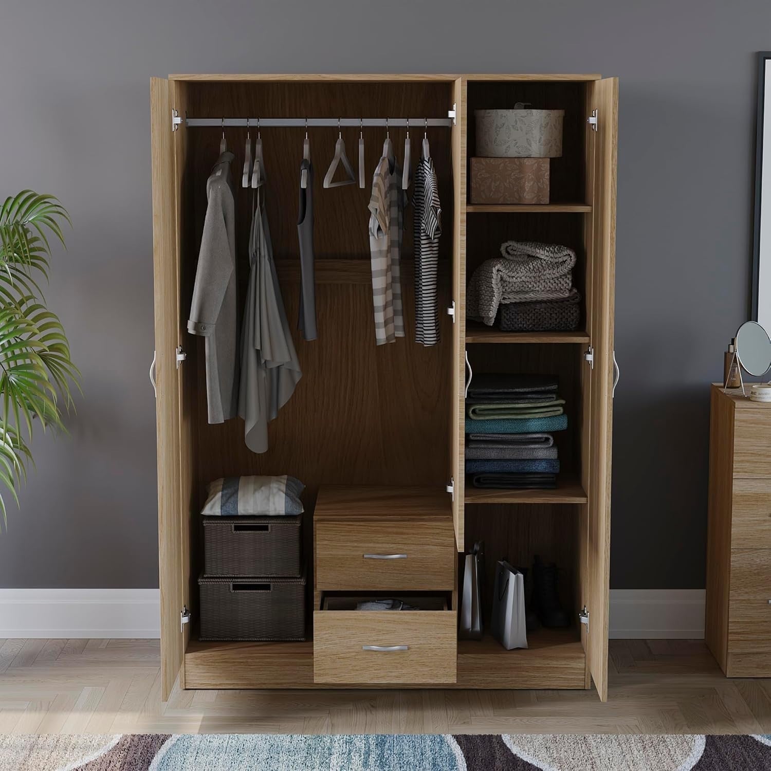3 Door Mirrored Wardrobe with Drawers & Rail, Pine Tall Bedroom Unit