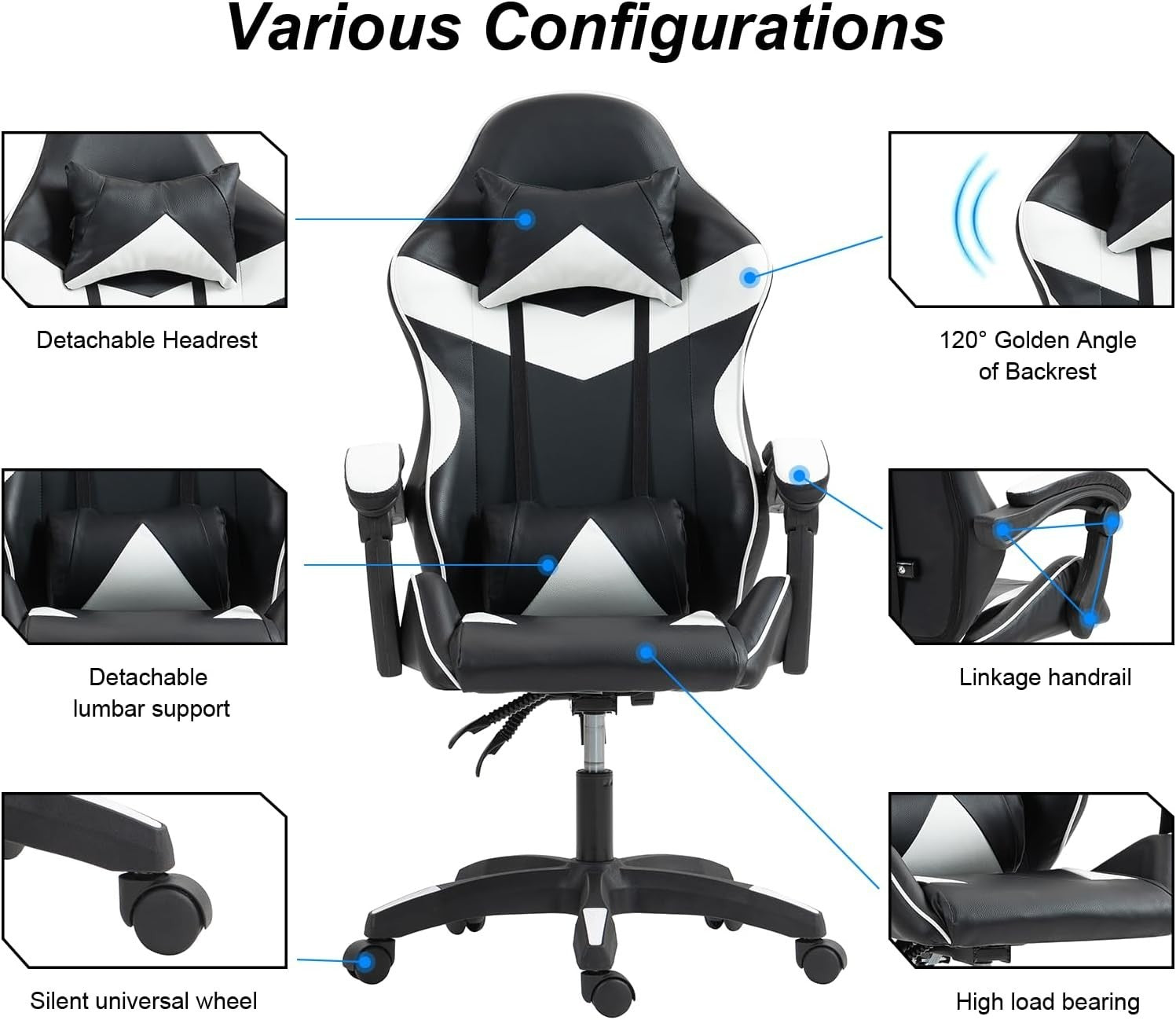 Gaming Chair White Faux Leather Recliner Swivel Ergonomic Lumbar Support New