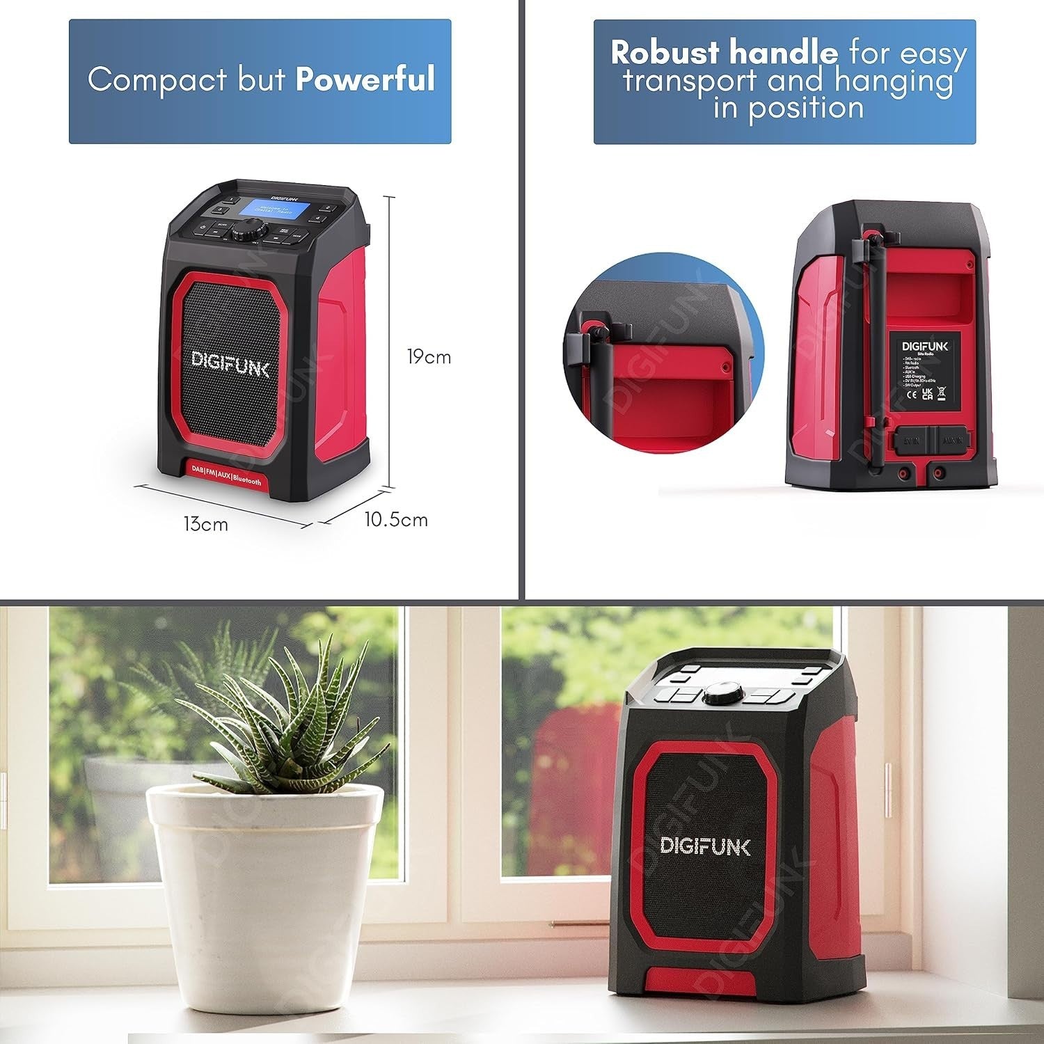 Black DAB+ Work Site Radio Bluetooth USB Rechargeable IP65 Waterproof