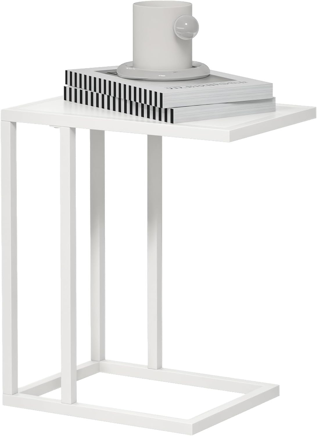 White Wood C Shape Sofa Side Table | Narrow Metal Frame Snack Coffee Table