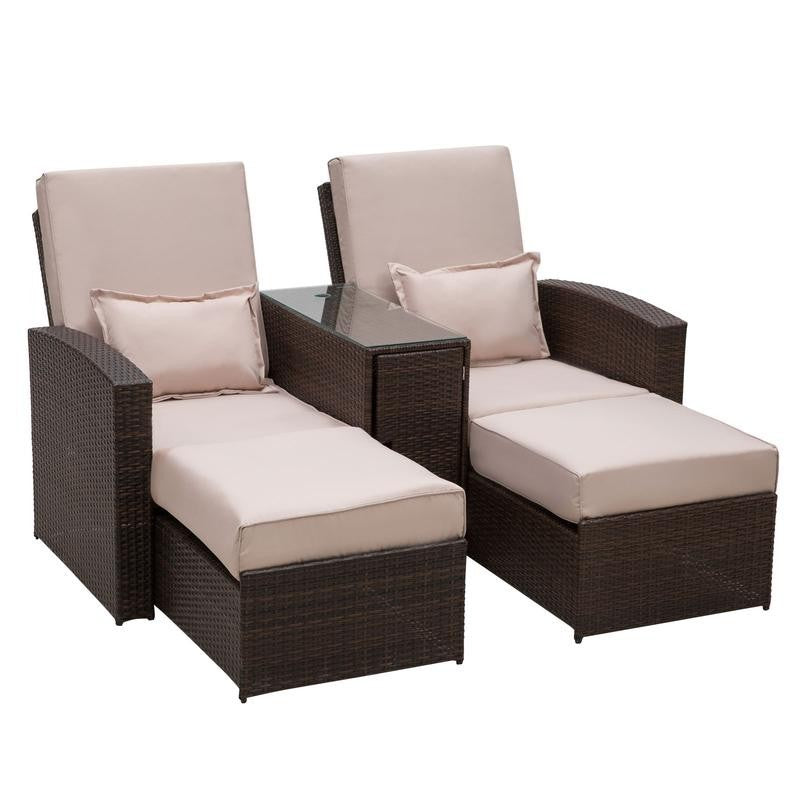 2 Seater Rattan Recliner Sofa Lounger Set w/ Cushions & Glass Table Outdoor