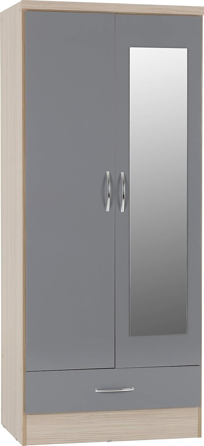2 Door Mirrored Wardrobe with Drawer – Grey Gloss Oak Bedroom Storage