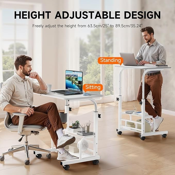 Mobile Laptop Desk on Wheels Height Adjustable Storage Shelves 60x40cm White