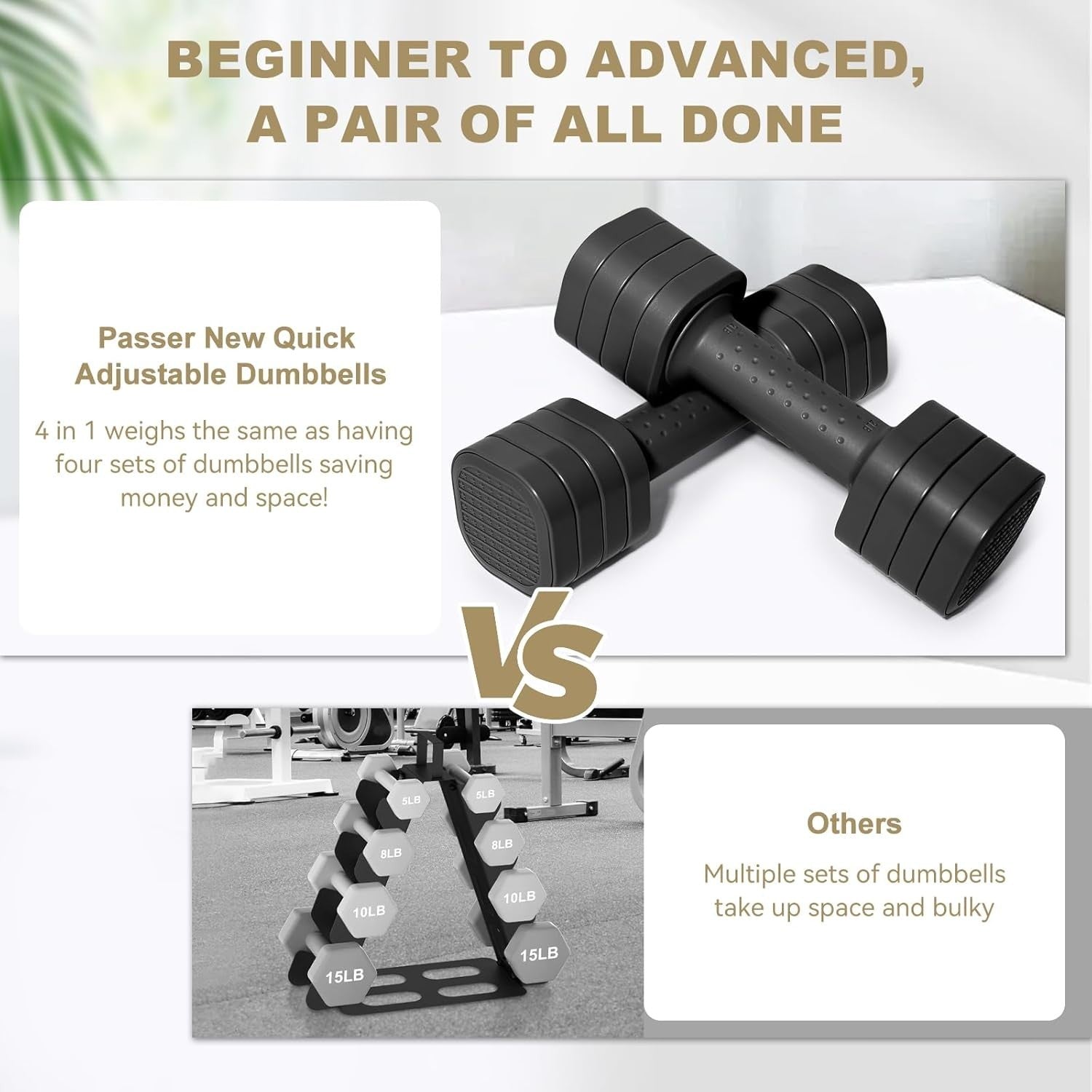 Adjustable Dumbbell Set 4-in-1 Hand Weights Non Roll Home Gym Training