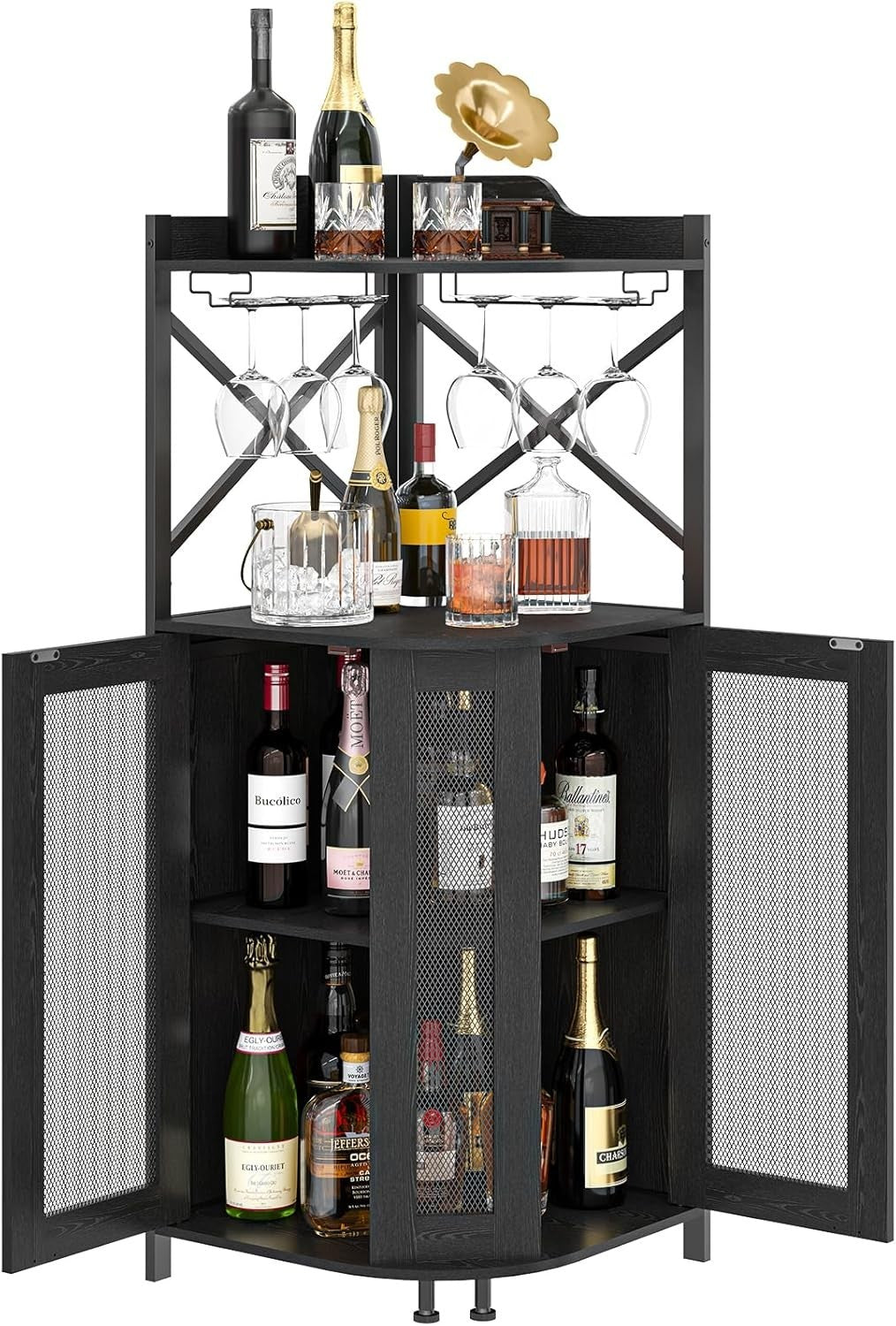 Corner Bar Cabinet with Wine Rack, Glass Holder & Storage Shelves – Black