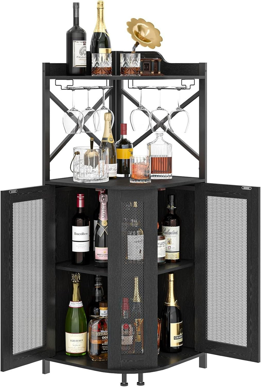 Corner Bar Cabinet with Wine Rack, Glass Holder & Storage Shelves – Black