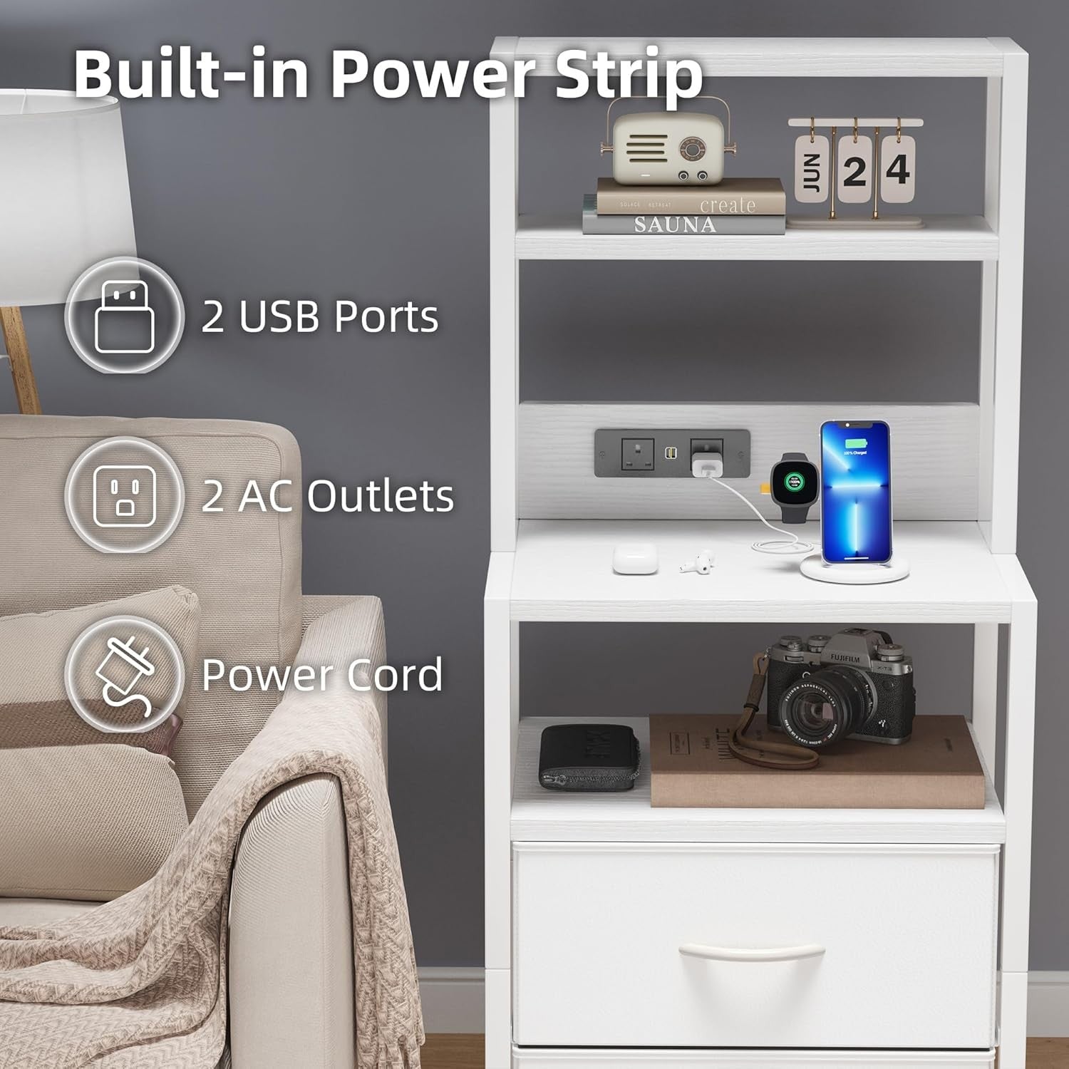 White LED Bedside Table with Charging Ports 2 Drawers Shelf Modern Nightstand