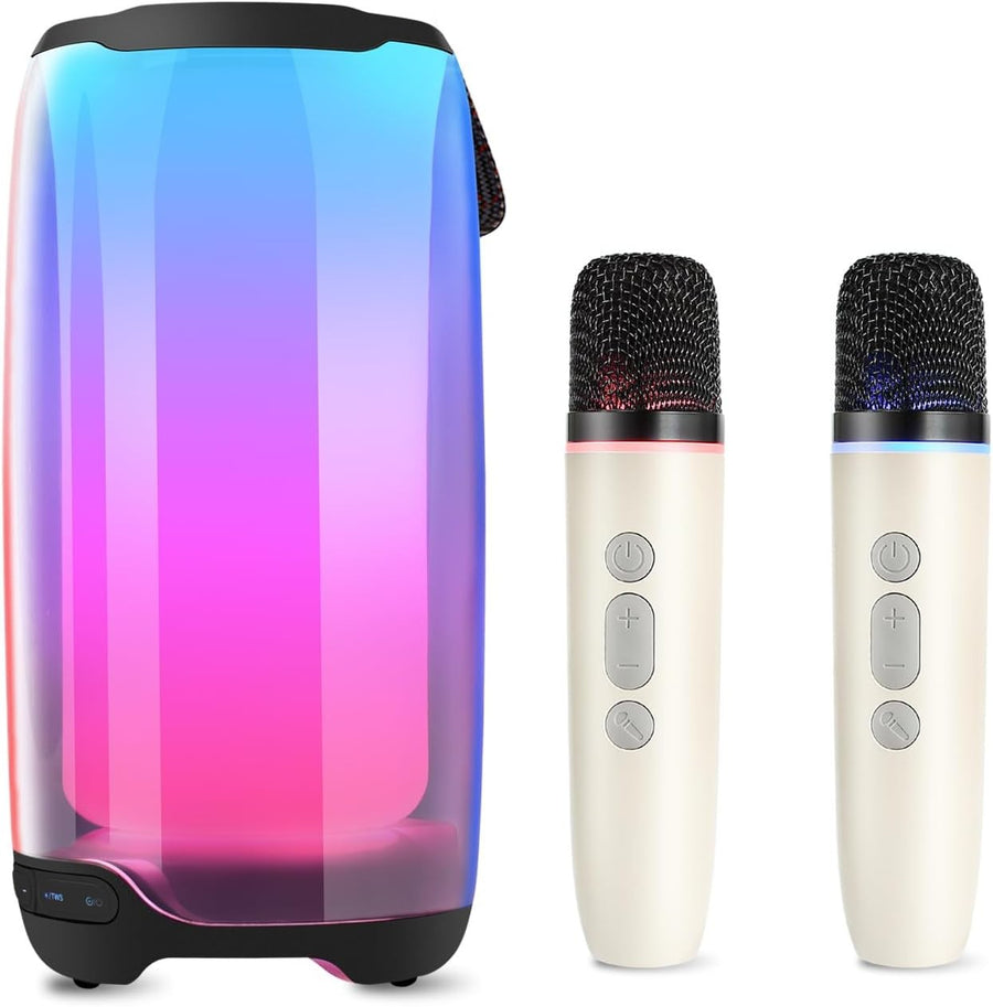 Portable Karaoke Machine Bluetooth 2 Wireless Mics LED Lights Party