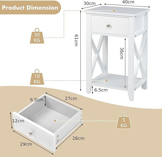 Modern X-Shaped Bedside Tables 2-Set with Drawer & Shelf for Bedroom Living Room