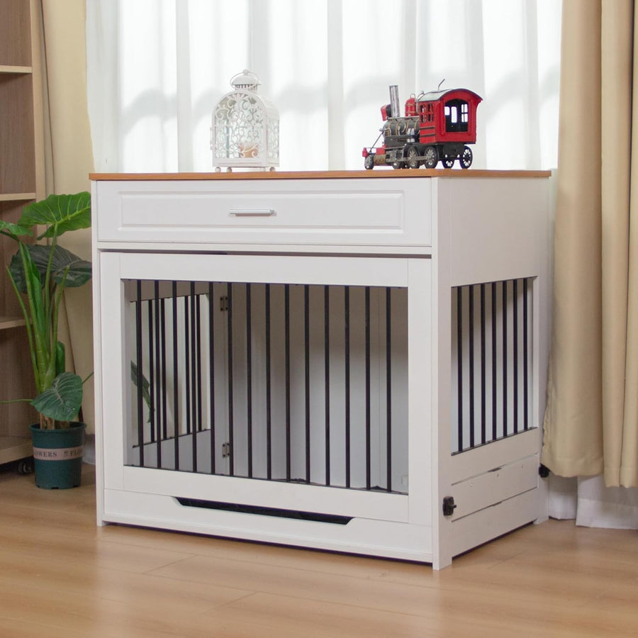 Luxury Indoor Wooden Dog Crate with Sliding Door, Drawer & Rotating Bowl