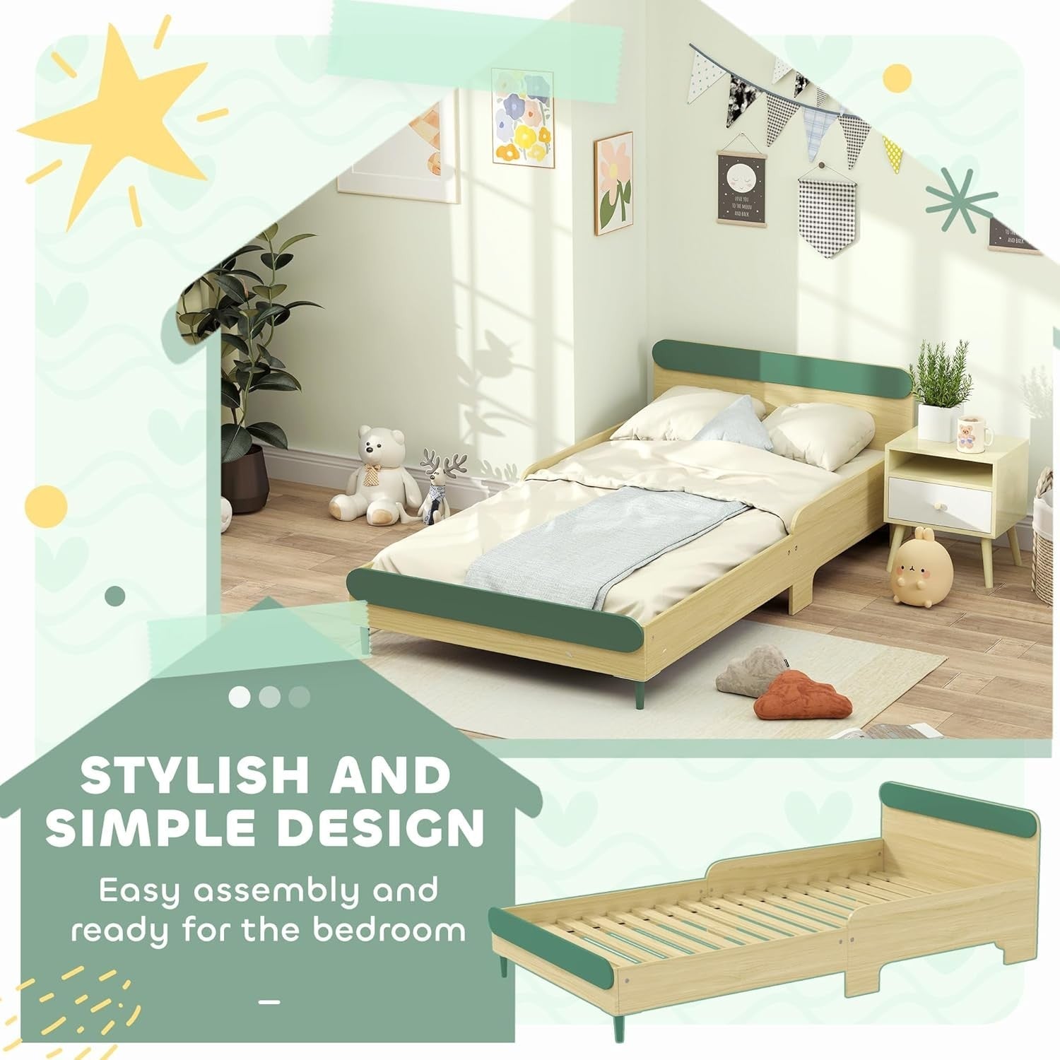 Toddler Bed with Safety Rail Montessori Kids Wooden Frame Green 195x103cm