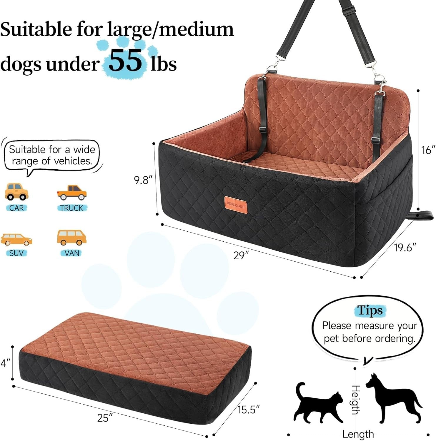 Large Dog Booster Car Seat Washable Travel Bed 55lb w 2 Leashes