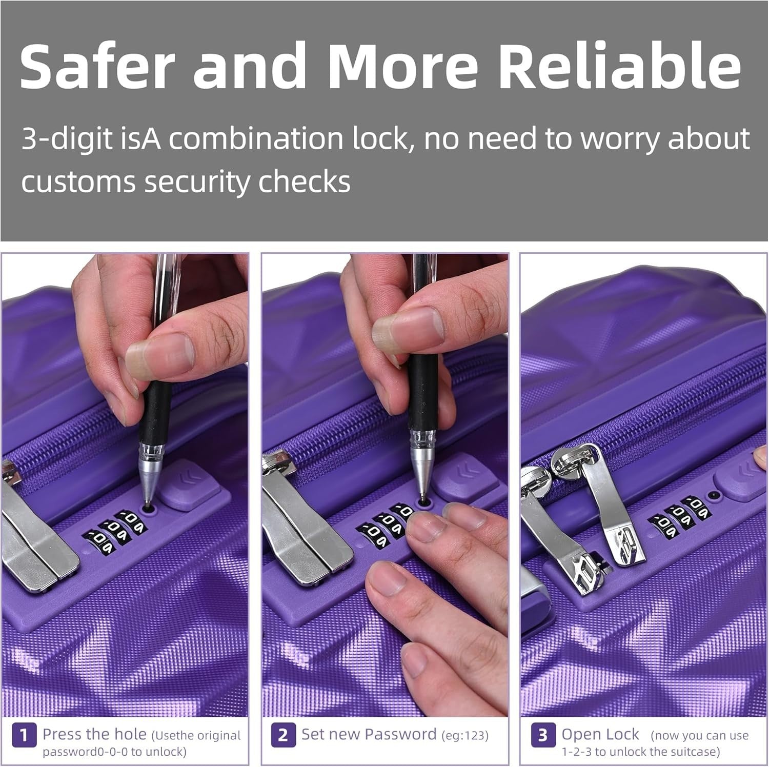 24 Inch Medium Hard Shell Suitcase 4 Dual Spinner Wheels Lock Purple