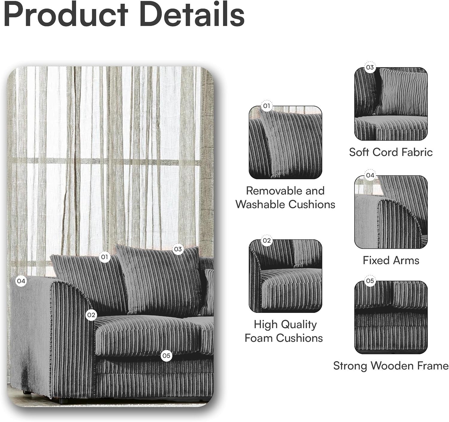 4 Seater Grey Jumbo Cord Scatter Back Right Hand Corner Sofa with Deep Seats
